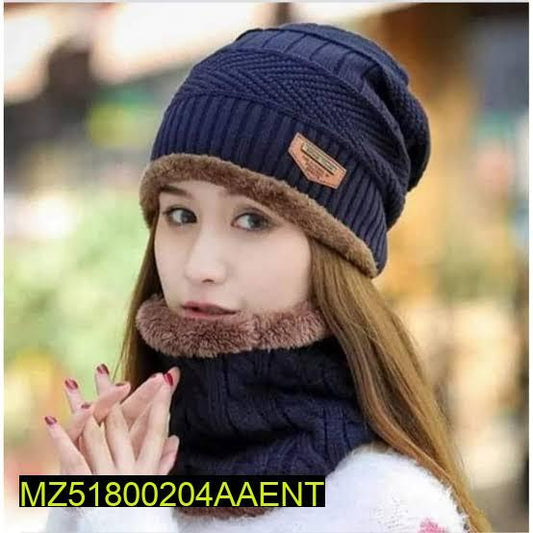 Unisex Woolen Cap With Neck Warmer, Grey Navy