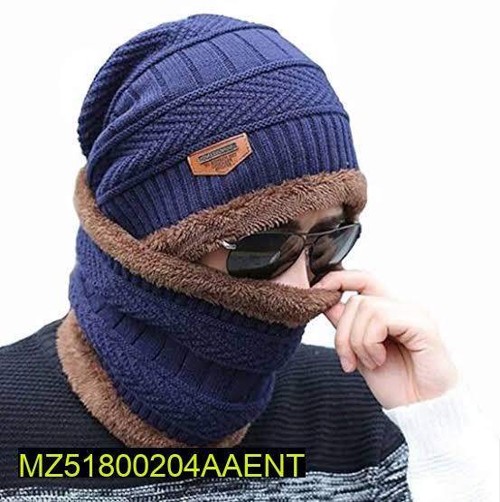 Unisex Woolen Cap With Neck Warmer, Grey Navy