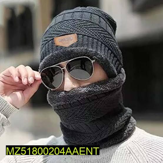 Unisex Woolen Cap With Neck Warmer, Grey Navy